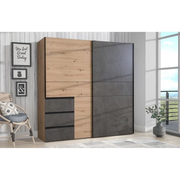 Armoire 2 portes coulissantes 3 tiroirs - Décor chęne artisan et béton gris - L 200,1 x P 61,2 x H 200,5 cm - WINN2