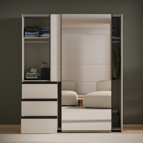 Armoire - 2 portes coulissantes 3 tiroirs - Décor Sable et miroir - L170,3 x P61,2 x H200,5 cm - WINN 2