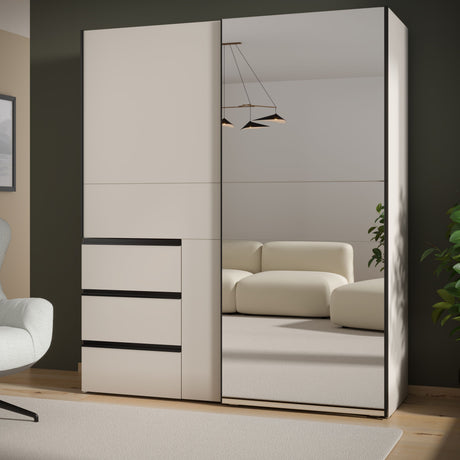 Armoire - 2 portes coulissantes 3 tiroirs - Décor Sable et miroir - L170,3 x P61,2 x H200,5 cm - WINN 2