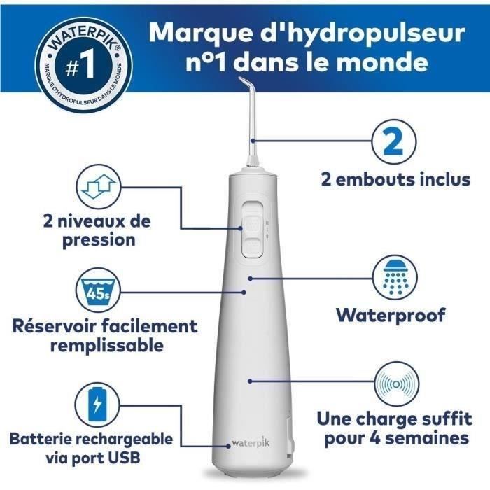 Waterpik WF-20 Pulse, Hydropulseur Sans Fil, Recommandé par l'UFSBD, Jet dentaire Rechargeable, Elimine la Plaque, Blanc