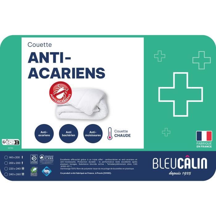 Couette microfibre anti-acariens/antibactérien - 240 x 220 cm - BLEU CALIN - Chaude - 400 g/m² - Blanc