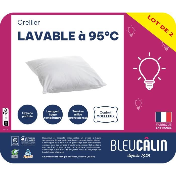 Lot de 2 oreillers a bouillir - 60 x 60 cm - Moelleux - BLEU CALIN - Blanc