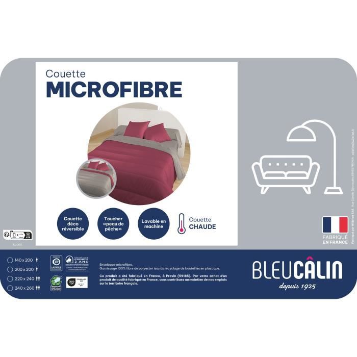 Couette microfibre - 140 x 200 cm - BLEU CALIN - Chaude - 400 g/m² - Bicolore Bourgogne / Poivre