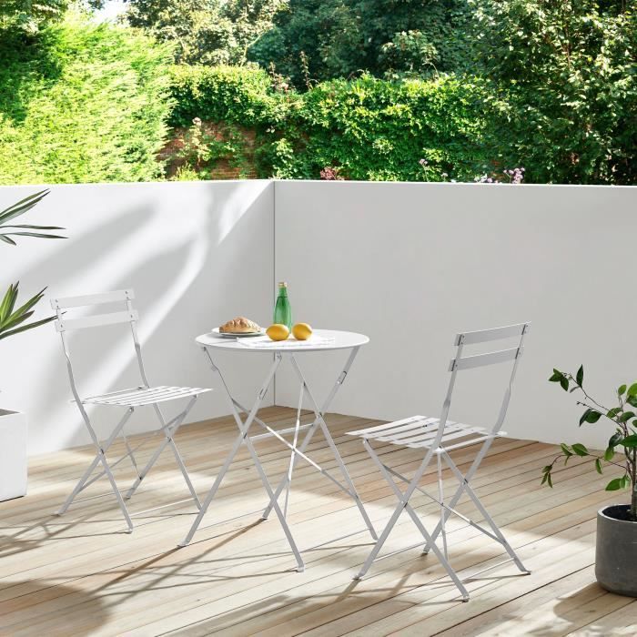 Set bistrot - Ensemble repas de jardin - Table pliante Diam.60 cm  + 2 chaises - Acier thermolaqué - Gris