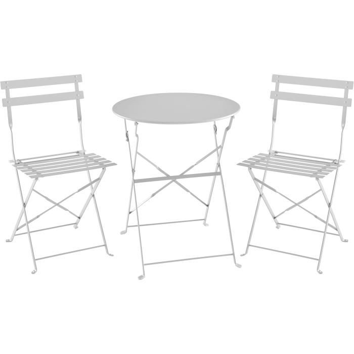 Set bistrot - Ensemble repas de jardin - Table pliante Diam.60 cm  + 2 chaises - Acier thermolaqué - Gris