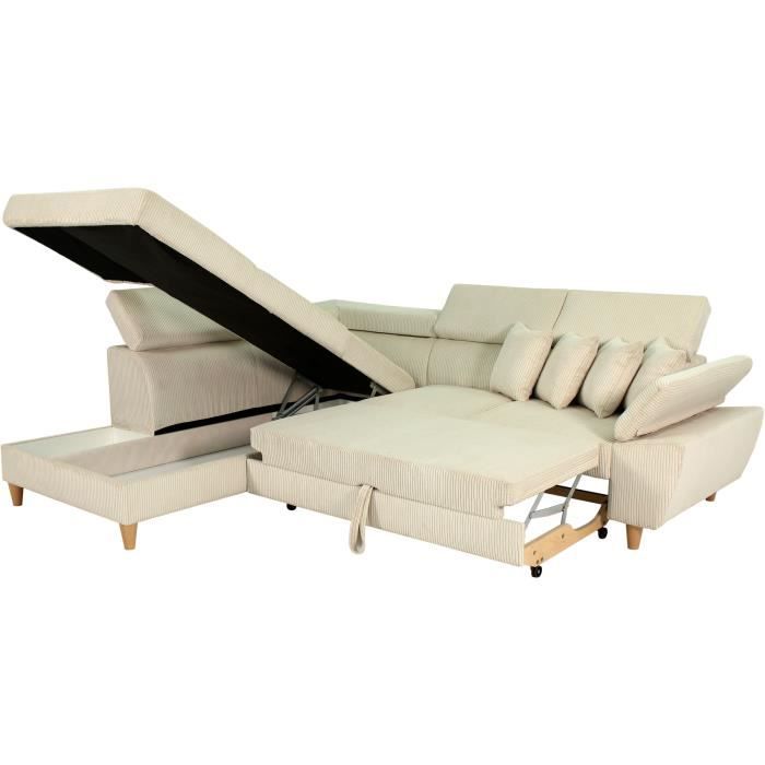 Canapé d'angle convertible - 4 places - WESTON - Velours côtelé beige - Tetieres réglables - 259 x 227 x 77/92 cm
