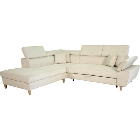 Canapé d'angle convertible - 4 places - WESTON - Velours côtelé beige - Tetieres réglables - 259 x 227 x 77/92 cm