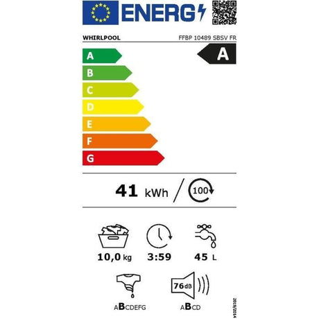 Lave-linge hublot WHIRLPOOL FFBP10489SBSVFR - 10 kg - Induction - L60cm - 1400 trs/min - Classe A-20% - Silver