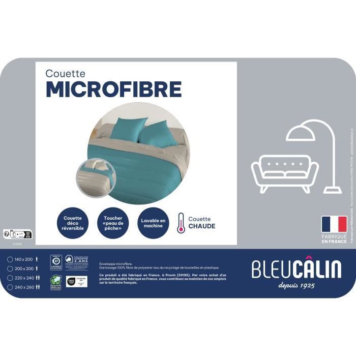 Couette microfibre - 240 x 220 cm - BLEU CALIN - Chaude - 400 g/m² - Bicolore Agate / Poivre