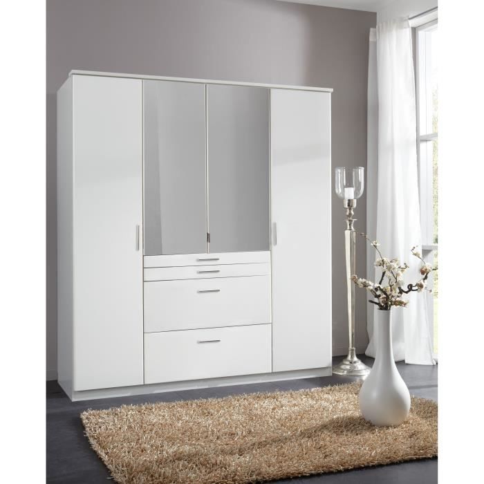 Armoire - Décor blanc - 4 portes battantes + 4 tiroirs + miroirs - L180 x P58 x H199 cm