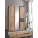 Armoire Décor Chene poutre & Graphite - 4 portes battantes - Miroir - 2 tiroirs - L135 x P58 x H199 cm - VOLOS