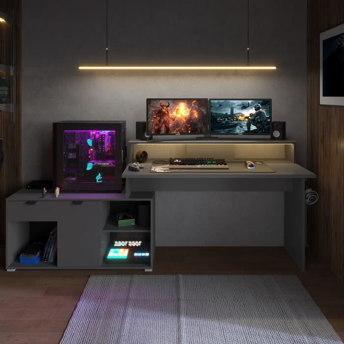 Bureau d'angle Gamer modulable avec led - WORTEX - Gris ombre - 167,7/229,2 x 59,7/109,7 x 94,8 cm - PARISOT