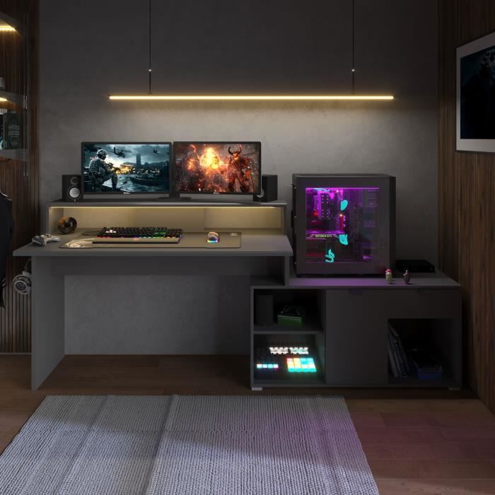 Bureau d'angle Gamer modulable avec led - WORTEX - Gris ombre - 167,7/229,2 x 59,7/109,7 x 94,8 cm - PARISOT