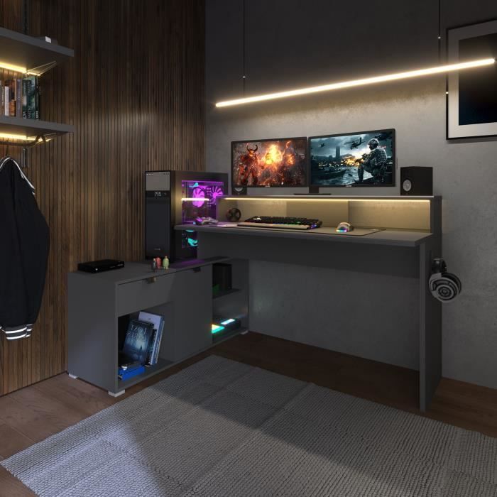 Bureau d'angle modulable avec led - WORTEX - Gris ombre - 167,7/229,2 x 59,7/109,7 x 94,8 cm - PARISOT