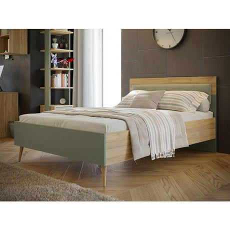 Lit double adulte WHENUA - 140 x 200 cm - Tete de lit en tissu - Vert Sauge / Chene