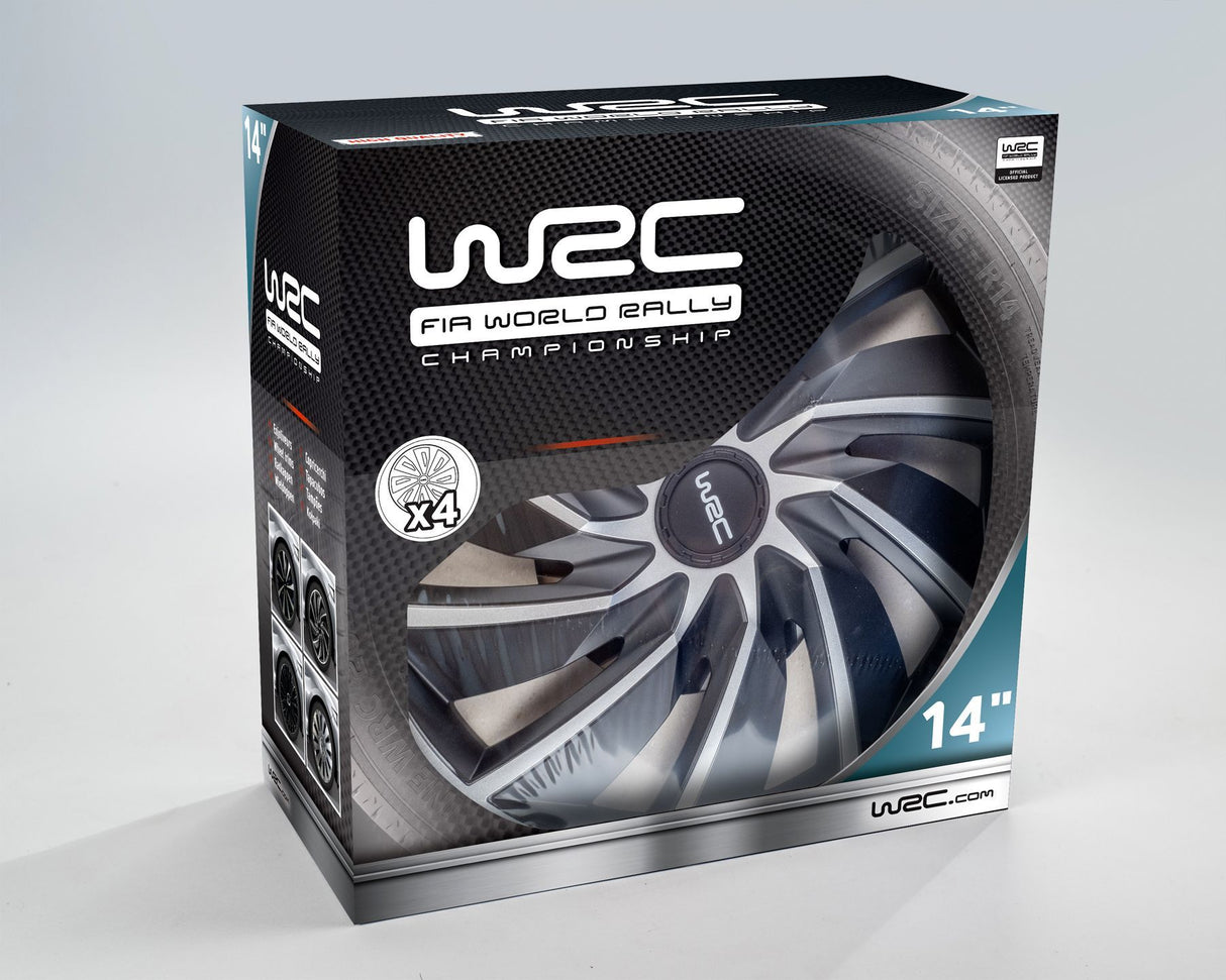 Lot de 4 enjoliveurs Bi-couleur gris & noir 14 pouces - WRC - TURBO - Look racing - Fixation simple et rapide par clips