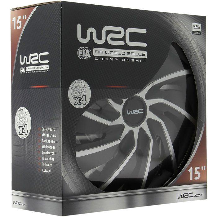 Lot de 4 enjoliveurs Bi-couleur gris & noir 15 pouces - WRC - TURBO - Look racing - Fixation simple et rapide par clips