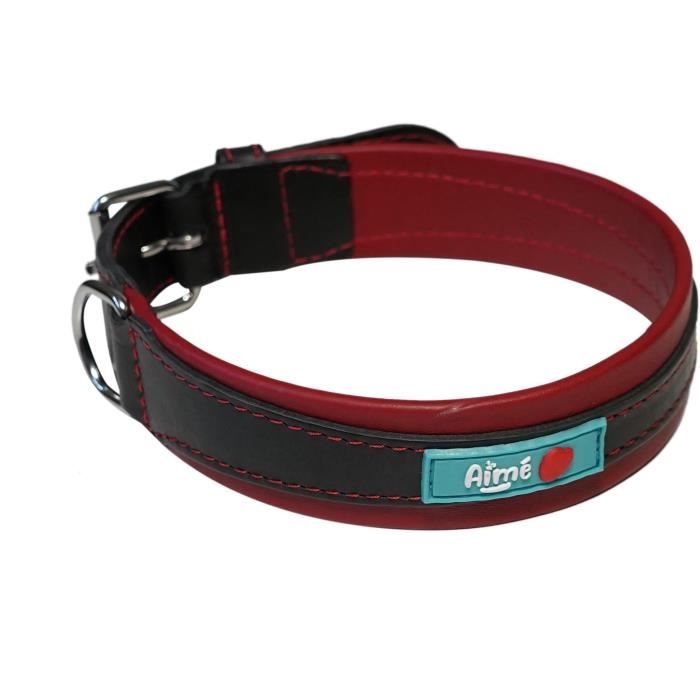 Collier pour chien - AIME - Basic cuir - Cuir vache / agneau - Taille L 43-52 cm - Noir / Rouge
