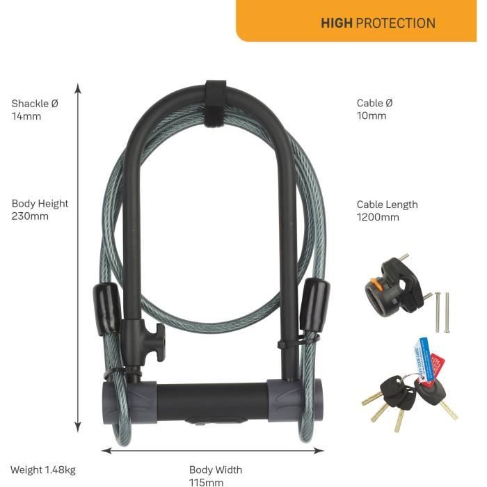 Antivol U a clé de Sécurité + Câble pour Vélo et VTT - YALE - YUL2C/13/230/1 - Certifié Sold Secure Silver - 4 clés fournies