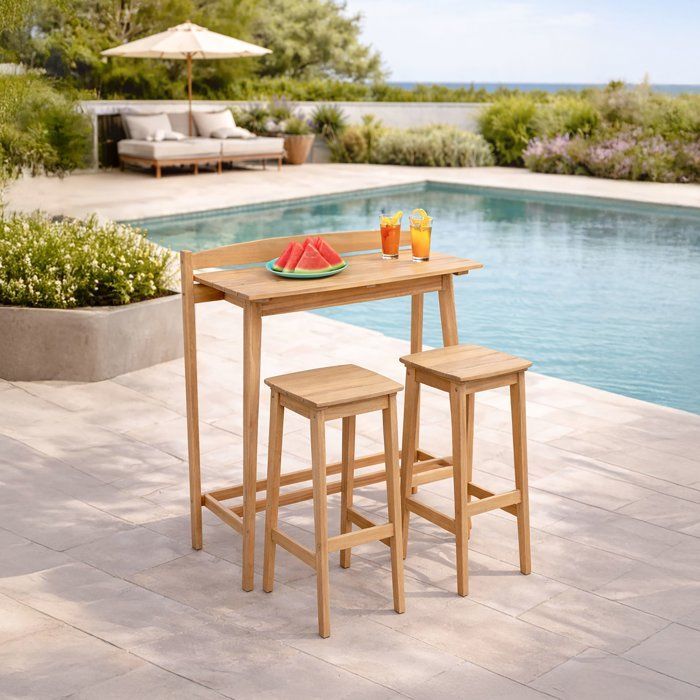 Ensemble bar de jardin - ZANZIBAR - Bois d'Acacia FSC - 1 table haute 100x44,5xH.112 cm - 2 tabourets 35x37xH.72 cm - 2 personnes