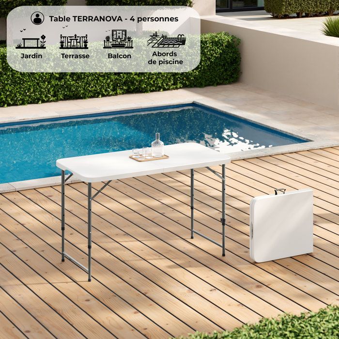 Table de réception pliante - TERRANOVA - Blanche - Structure acier et Plateau en Polyéthylene PEHD - 4 personnes - 122x60,5xH74 cm