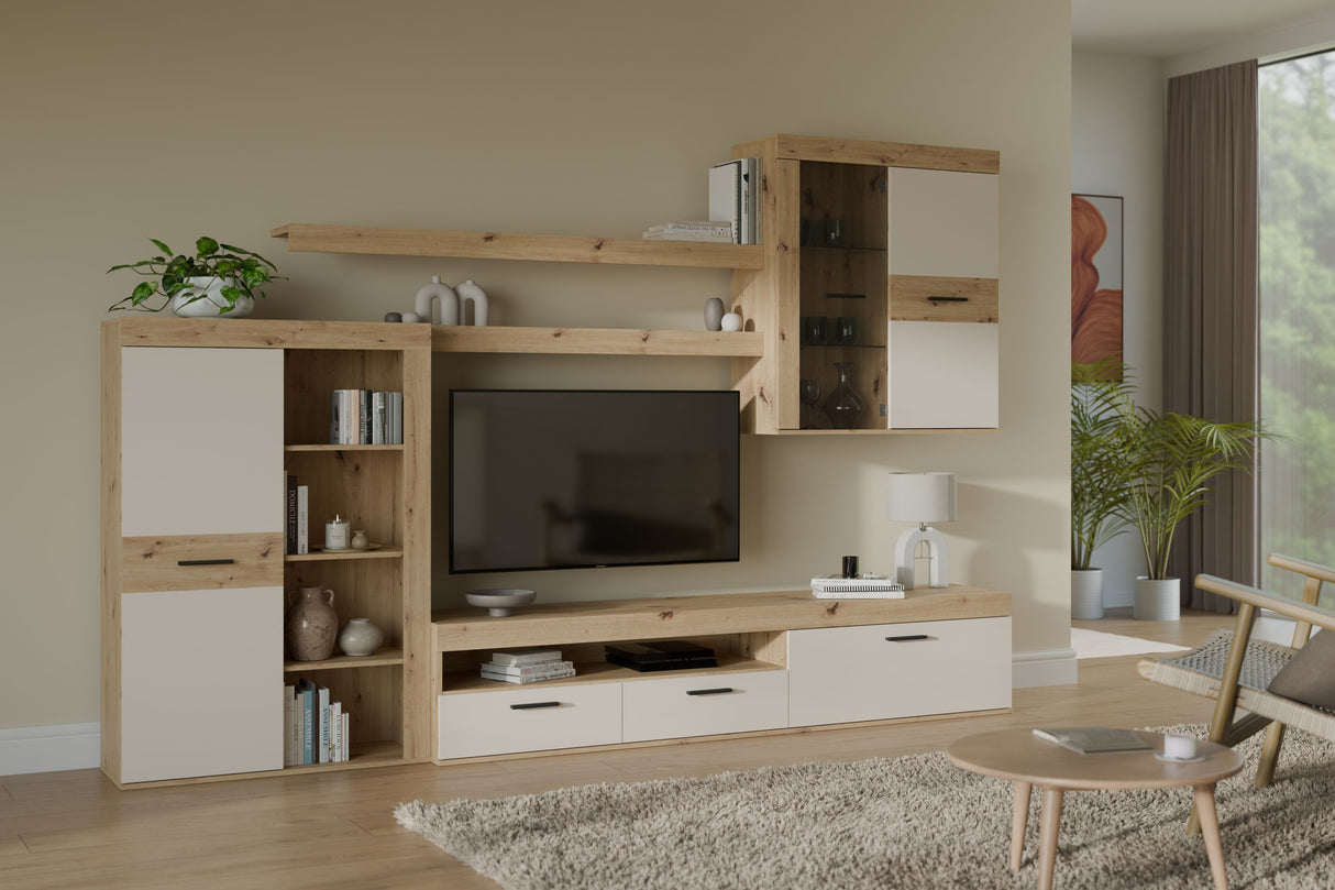 Ensemble meuble TV paroi - ZUMBA - Sable / Chene - 300 x 41 x 200,9 cm - Eclairage LED inclus