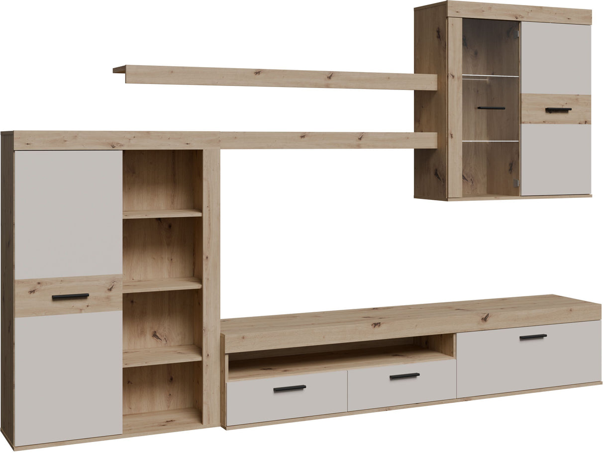 Ensemble meuble TV paroi - ZUMBA - Sable / Chene - 300 x 41 x 200,9 cm - Eclairage LED inclus
