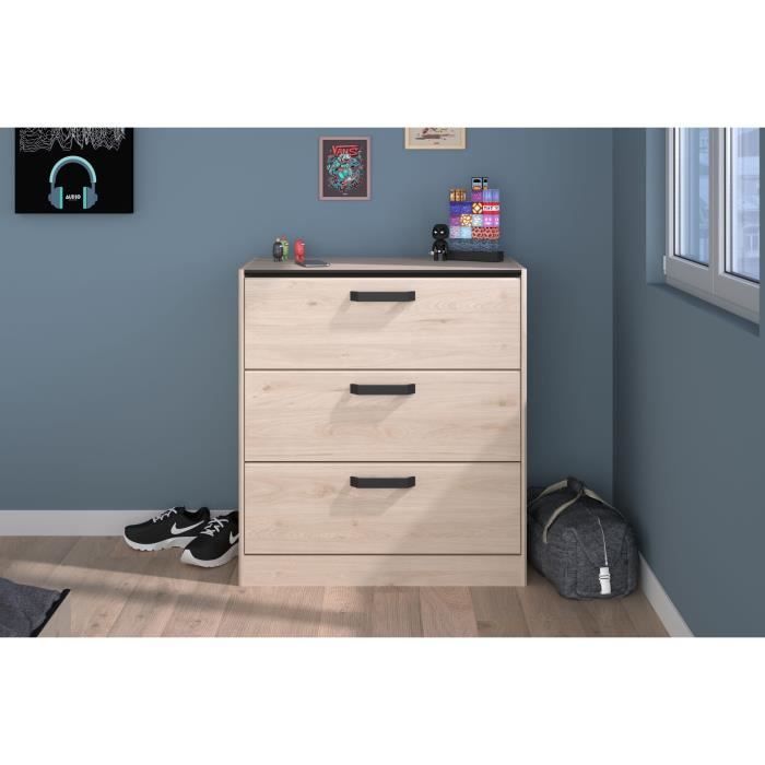 Commode - 3 tiroirs - Coloris Chene et noir - L80 x P44 x H88 cm - PARISOT - ZODIAC