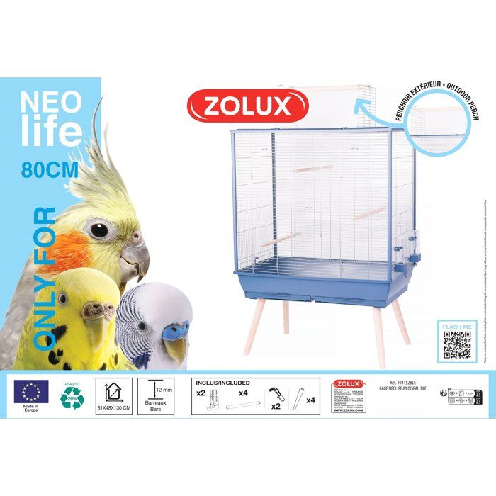 ZOLUX Cage grillagée surélevée pour oiseau Néolife - Pour perruche, calopsitte, canari - 81 x 48 x 130 cm - Néolife - Bleu