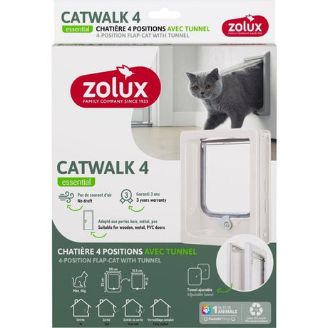 Chatiere 4 positions avec tunnel - ZOLUX - L20 x H25 cm - Pour porte bois, PVC, métal - Catwalk - Blanc