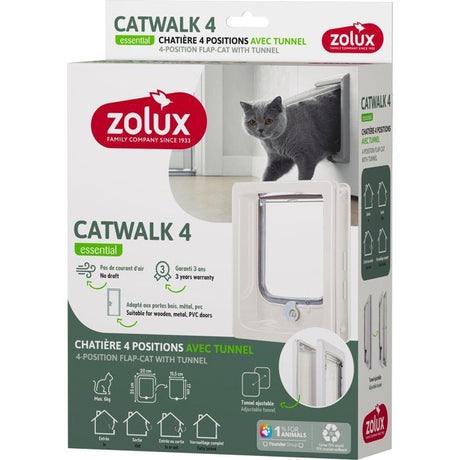 Chatiere 4 positions avec tunnel - ZOLUX - L20 x H25 cm - Pour porte bois, PVC, métal - Catwalk - Blanc