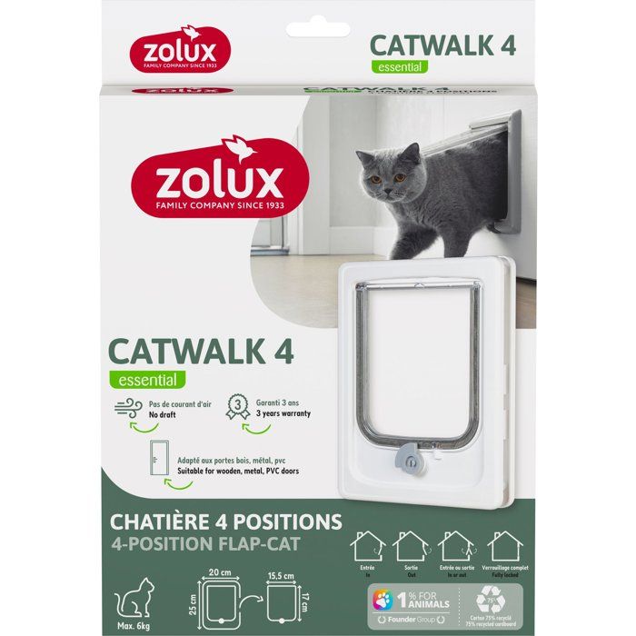 Chatiere 4 positions - ZOLUX - L20 x H25 cm - Pour porte bois, PVC, métal - Catwalk - Blanc