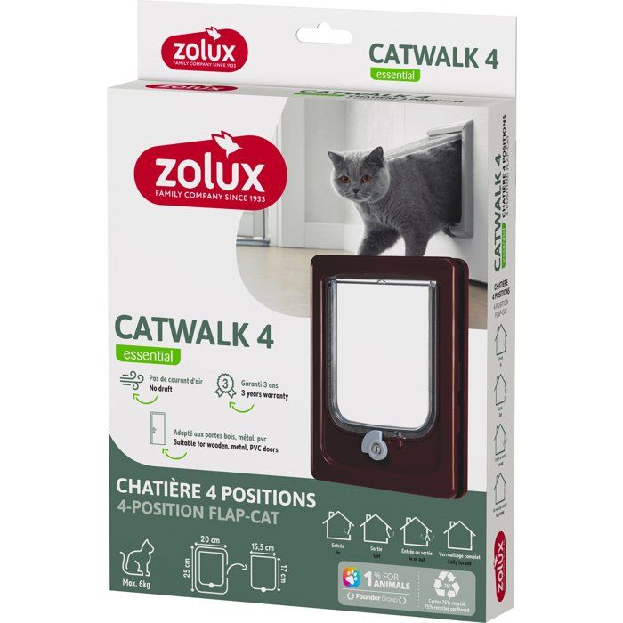 Chatiere 4 positions - ZOLUX - L20 x H25 cm - Pour porte bois, PVC, métal - Catwalk - Marron
