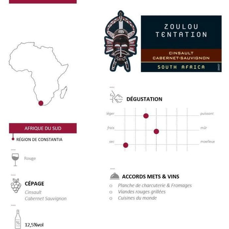 Zoulou Tentation Cinsault Cabernet Sauvignon - Vin rouge d'Afrique du Sud 2024