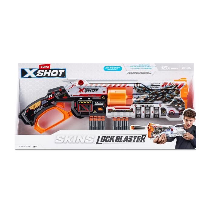 Blaster Verrouillable - ZURU - XSHOT Skins Lock Gun - Blaster avec combinaison de verrouillage et canon rotatif a 8 fléchettes