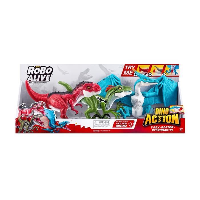 Pack de Dinos - ZURU - Dino Action Mega Dinos 3 Pack - T-Rex, Vélociraptor et Ptérodactyle interactifs et rugissants