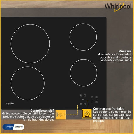 Plaque de cuisson Vitrocéramique WHIRLPOOL AKT8090NE - 4 zones - 6200W - L58 x P51cm - Noir