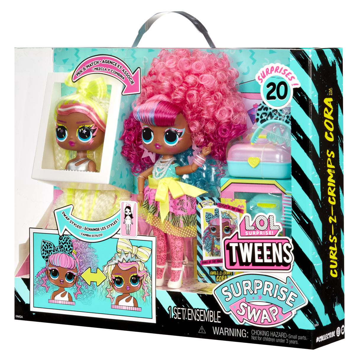 L.O.L. Surprise Tweens Surprise Swap Fashion Doll - Curls-2- Crimps Cora - 1 poupée Tweens 17cm, 1 mini tete a coiffer et des