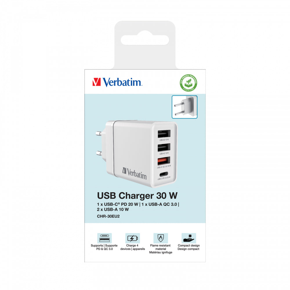 Chargeur secteur Verbatim GaN 3x ports USB-A + 1x port USB-C 30W (Blanc)