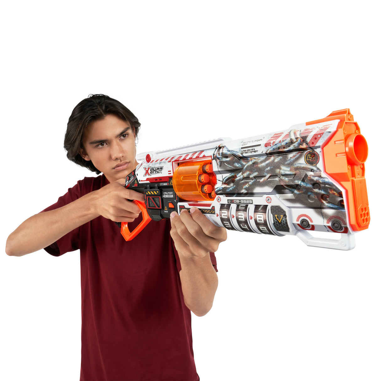 Blaster Verrouillable - ZURU - XSHOT Skins Lock Gun - Blaster avec combinaison de verrouillage et canon rotatif a 8 fléchettes