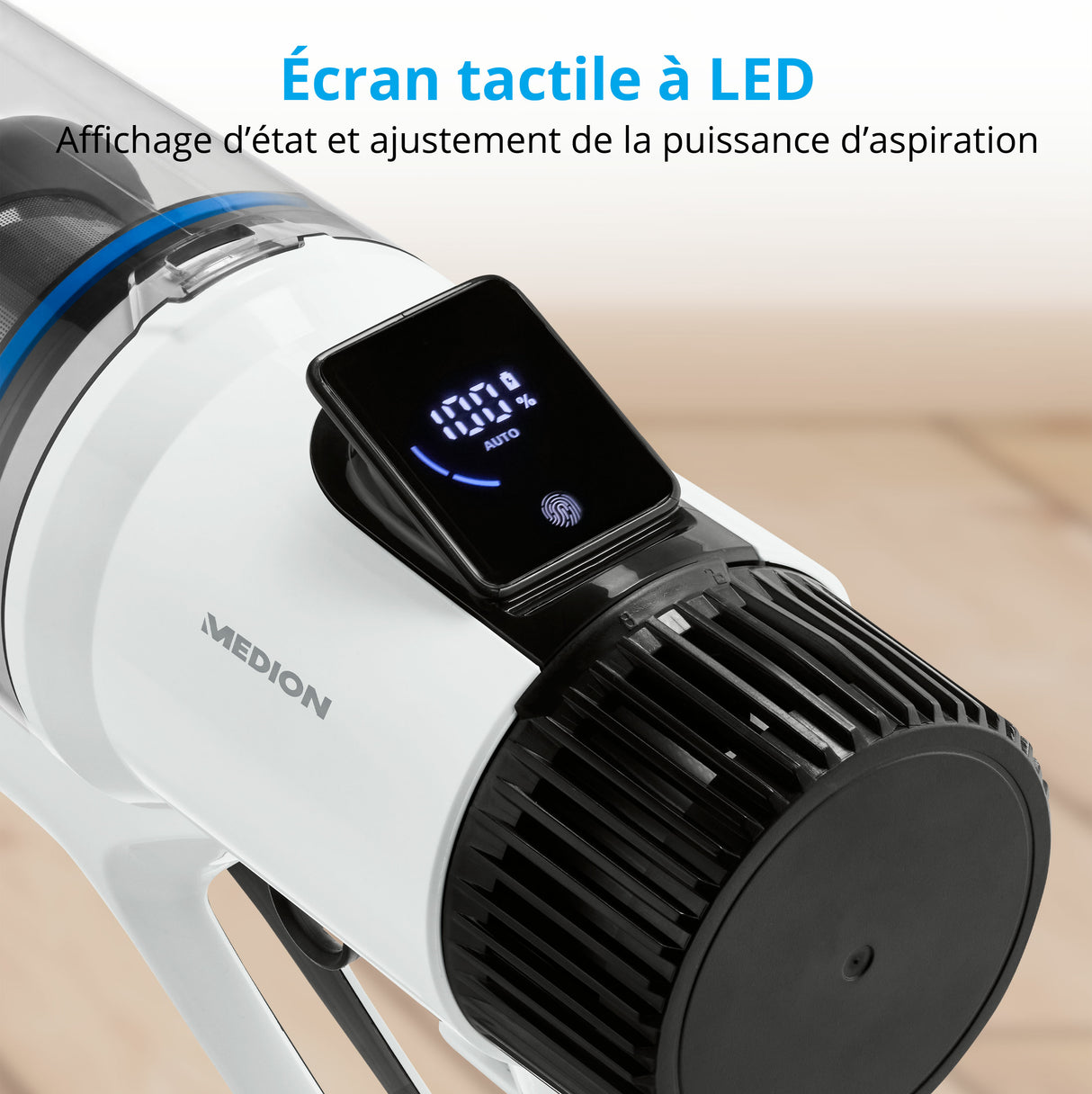 MEDION P350 - Aspirateur Balai sans Fil - Puissance 24 kPa / 350W - Capteur de poussiere - HEPA H13 - Ecran Tactile LED