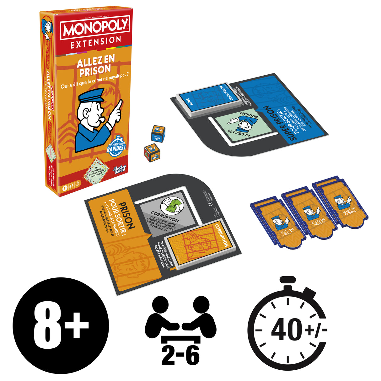Monopoly Extension Allez en prison, rend le jeu Monopoly classique plus amusant et plus rapide, jeux de plateau, 2 a 6 joueurs, 40 m