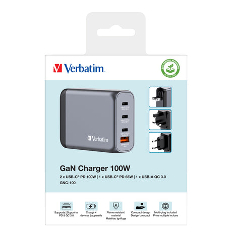 Chargeur secteur Verbatim GNC 2x ports USB-A + 2x ports USB-C 100W (Noir)