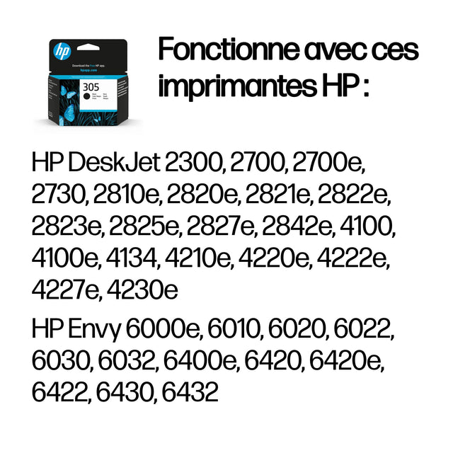 HP 305 Cartouche d'encre noire authentique (3YM61AE) pour HP DeskJet 2300/2700/2810/Plus4100/4222/4230, HP Envy 6000/Pro 6400