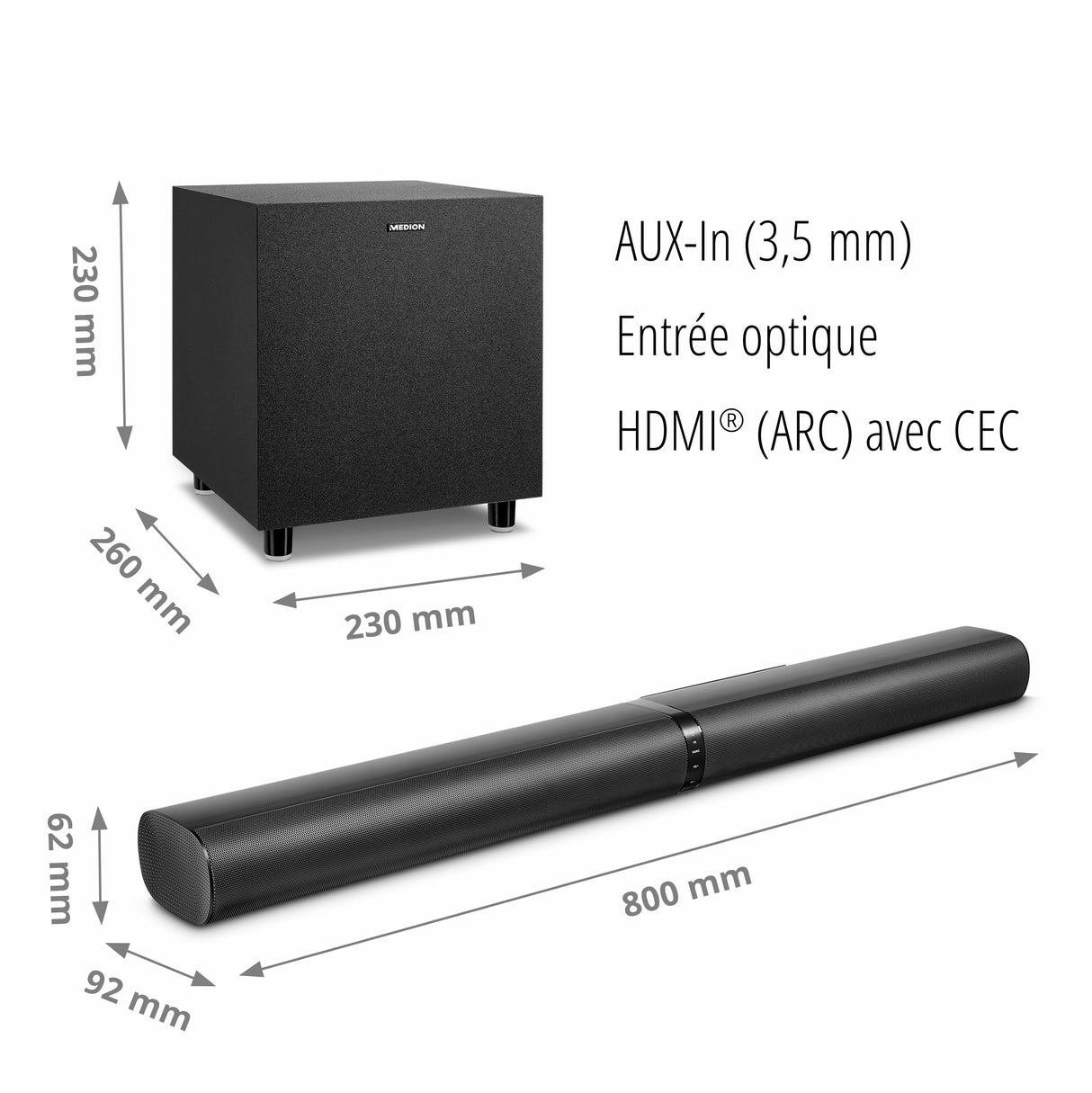 Barre de Son 2.1 - MEDION - 2x30W RMS + Sub 60W RMS - Caisson sans fil