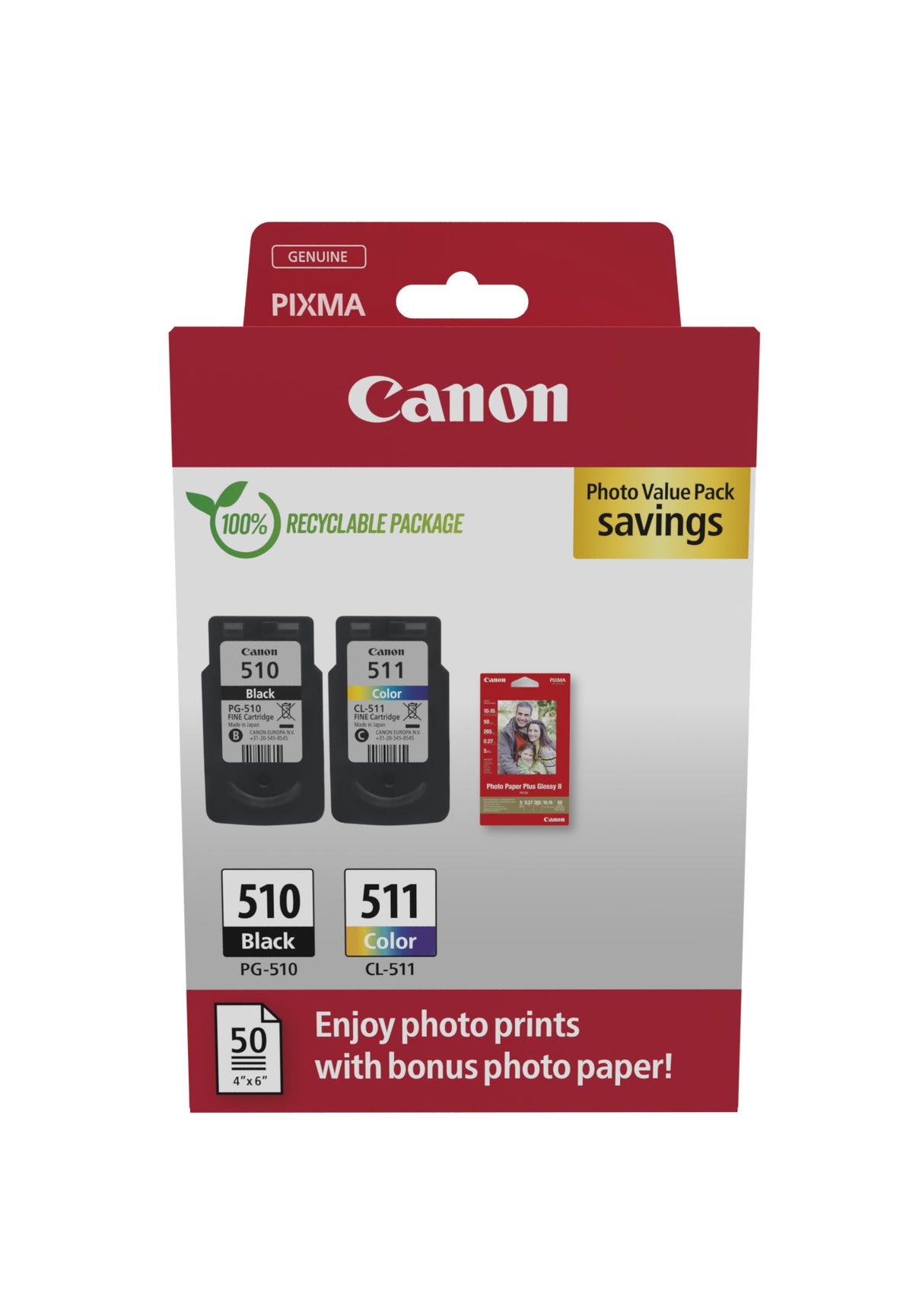 Pack de 2 cartouches d'encre + pack papiers photo - CANON - PG-510 Noir + CL-511 Couleur