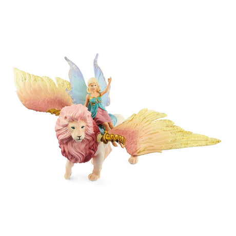 Figurine Elfe sur lion ailé, Figurine fée détachable chevauchant un lion rose magique avec des parties mobiles, figurine magique