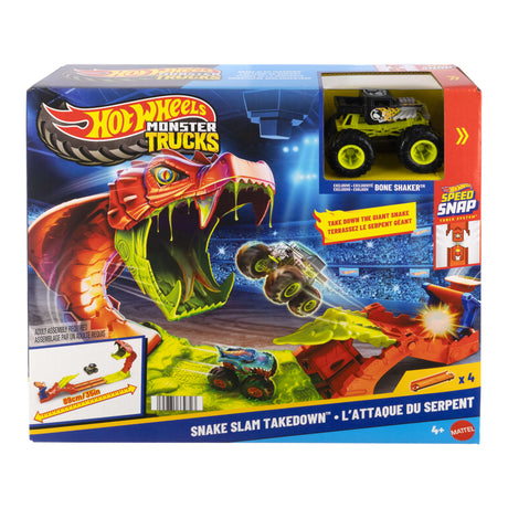 Coffret Monster Trucks - JJN44 - Bone Shaker inclus - 4 pistes 15 cm - Lanceur et éléments repositionnables