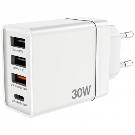 Chargeur secteur Verbatim GaN 3x ports USB-A + 1x port USB-C 30W (Blanc)