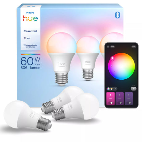 Pack de 3 ampoules - Philips Hue - Essential - E27 - A60 - Lumiere blanche et colorée - 8 W